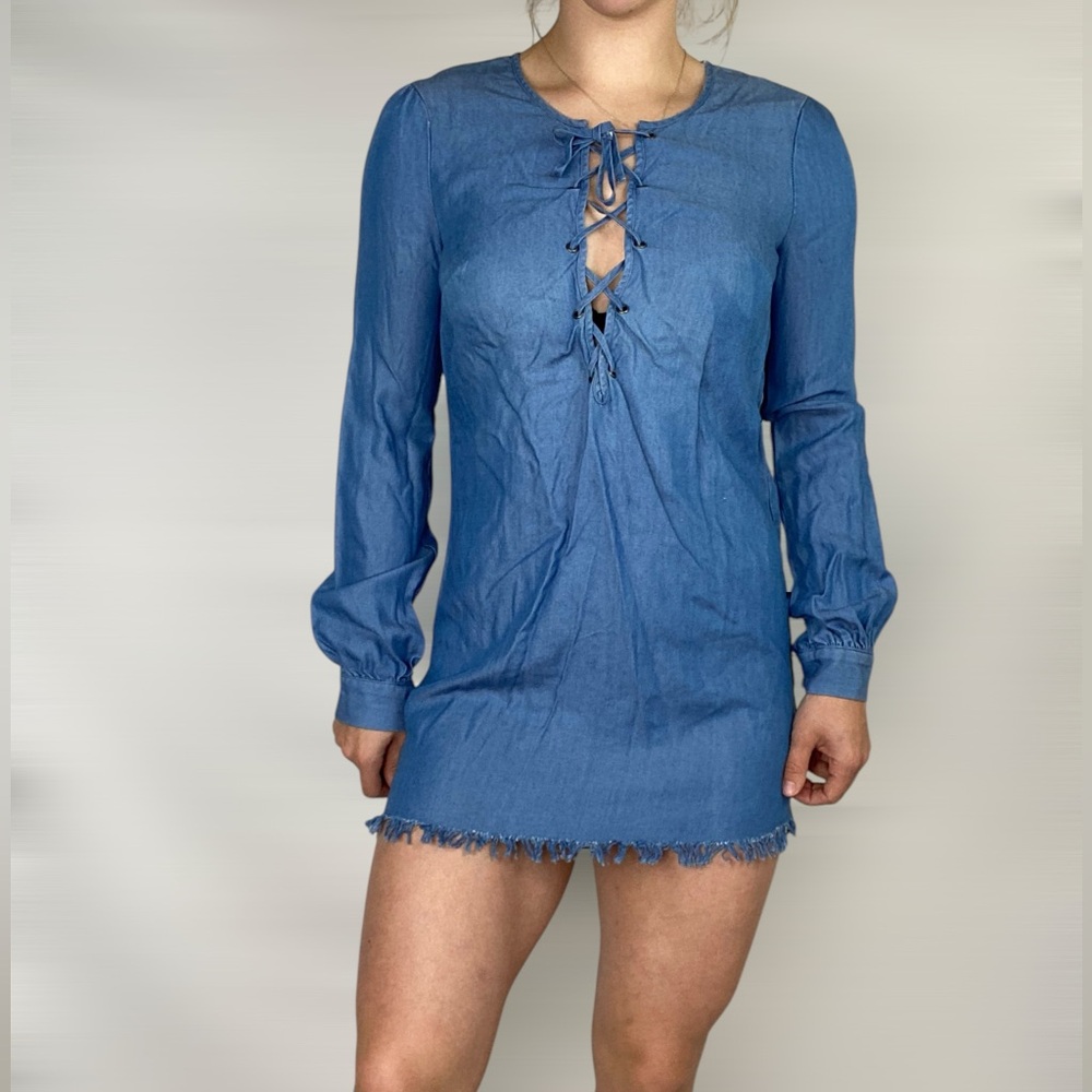 LOVERS + FRIENDS Denim Waterfront Lace Up‎ Long Sleeve Dress Raw Hem Relaxed